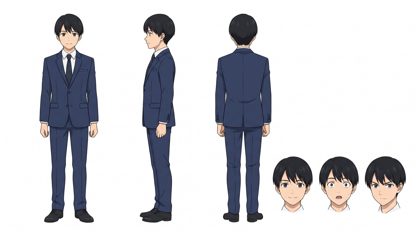 会社員キャラクターの設定画（正面・横・後ろ・表情）