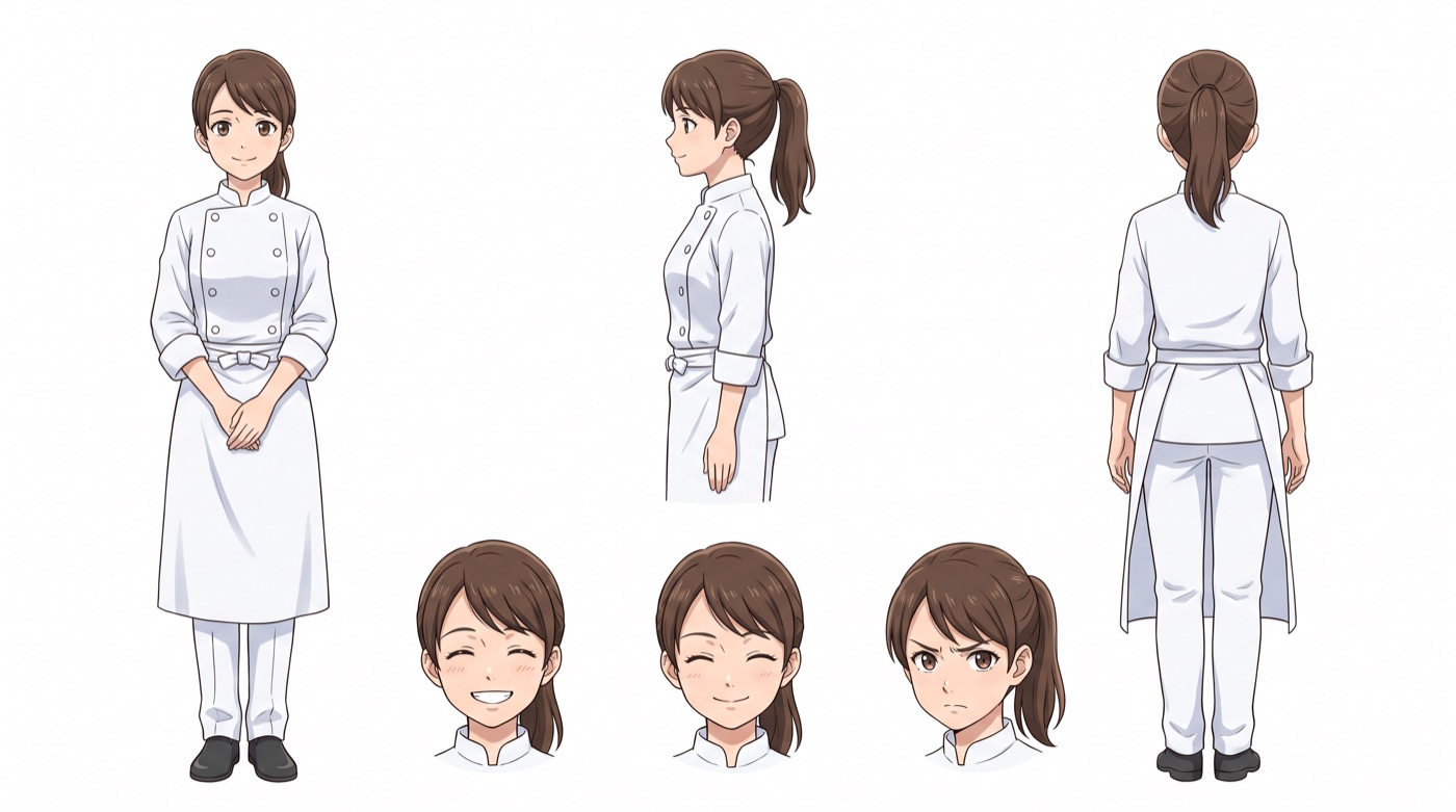 シェフキャラクターの設定画（正面・横・後ろ・表情）