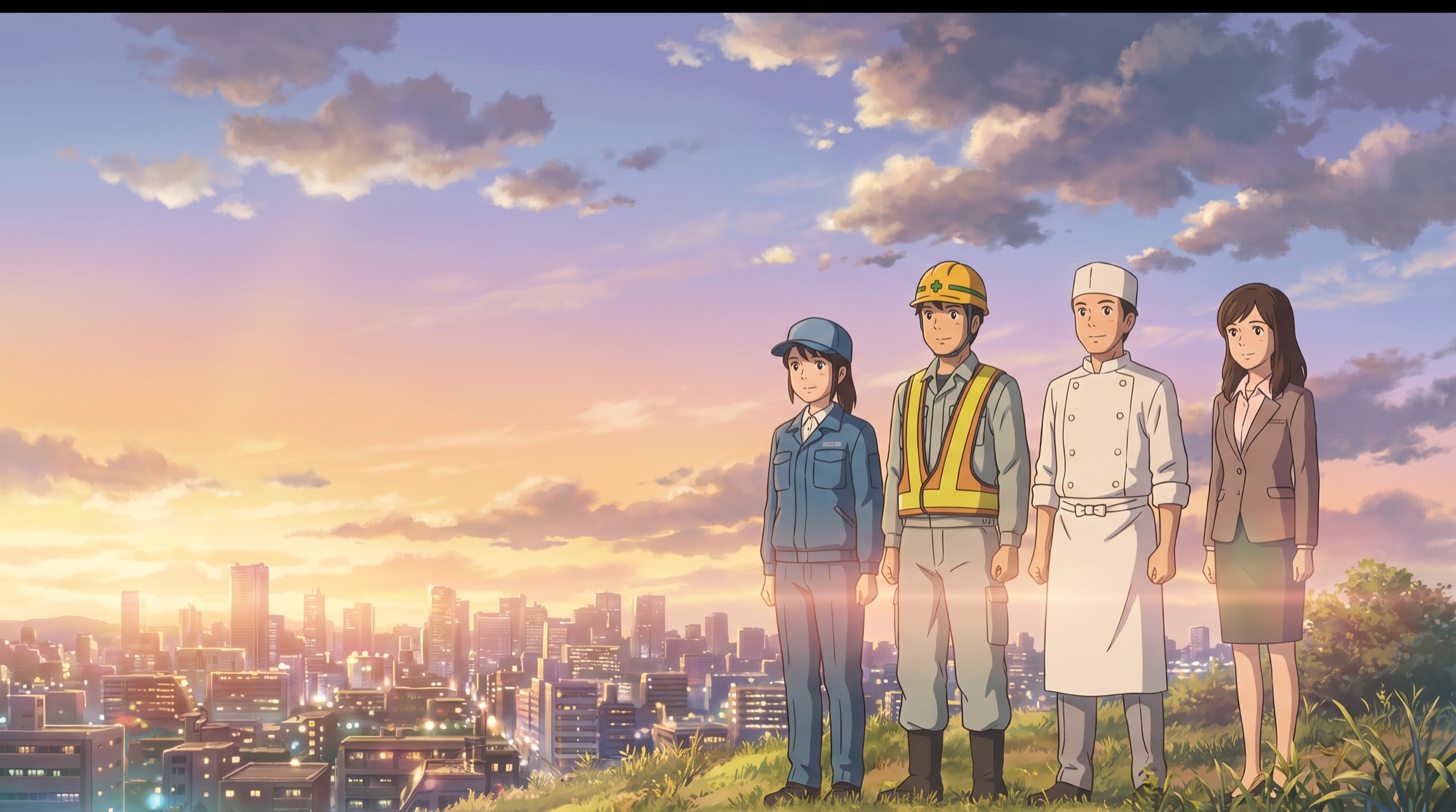 さまざまな仕事の人たちが丘から街を見渡すアニメのキービジュアル